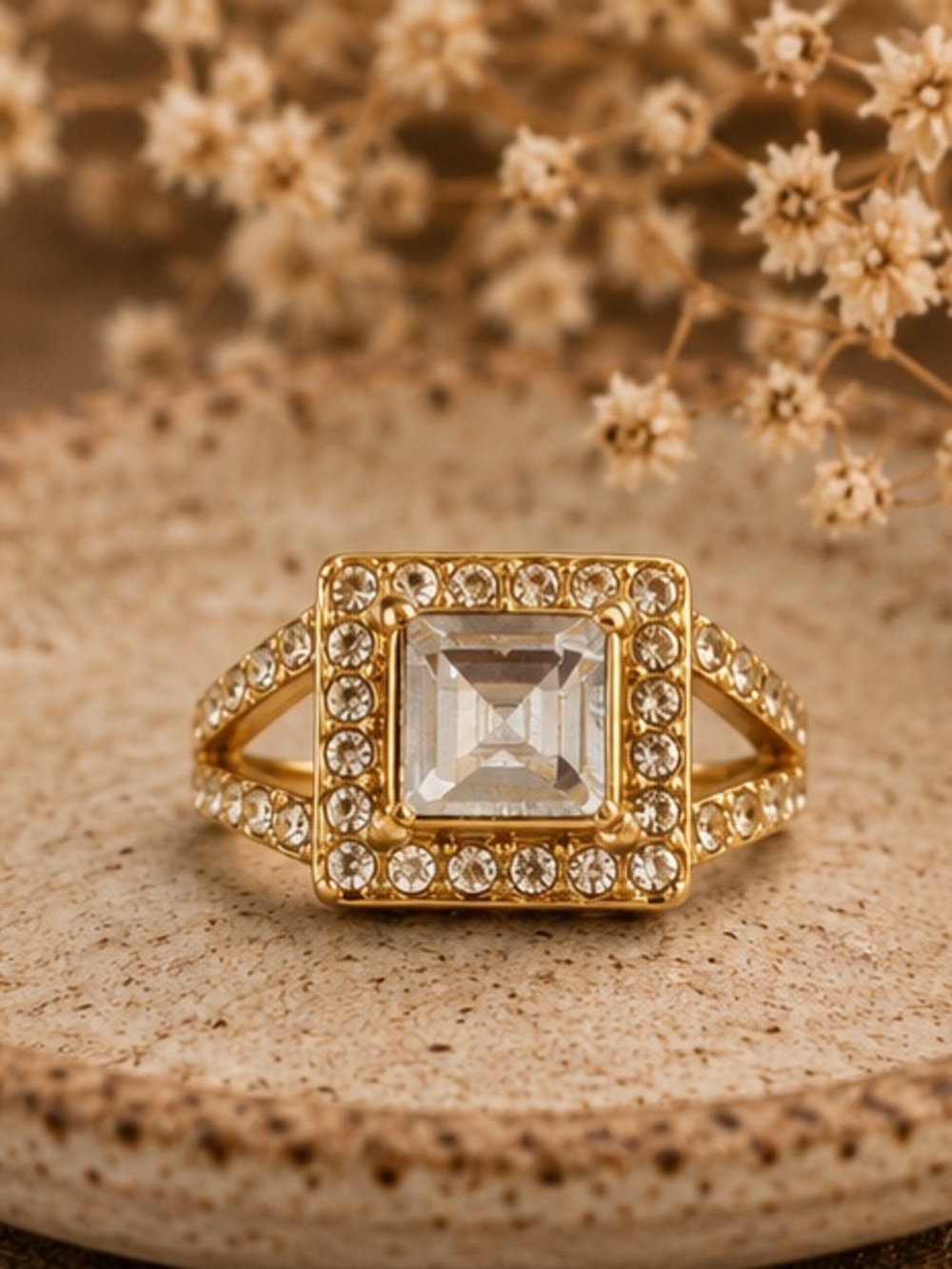 Size 6 Gold Vacation Ring | Princess Cut Halo CZ Ring | Designer Inspired